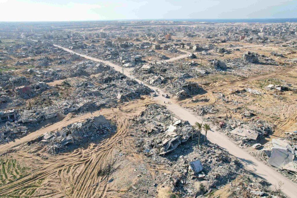 an aerial view showing destruction in rafah after israeli forces withdrawal and as the ceasefire took hold, gaza strip
