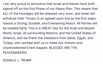 Trump Announces Israel, Hamas Agree to the First Phase of His Peace Plan