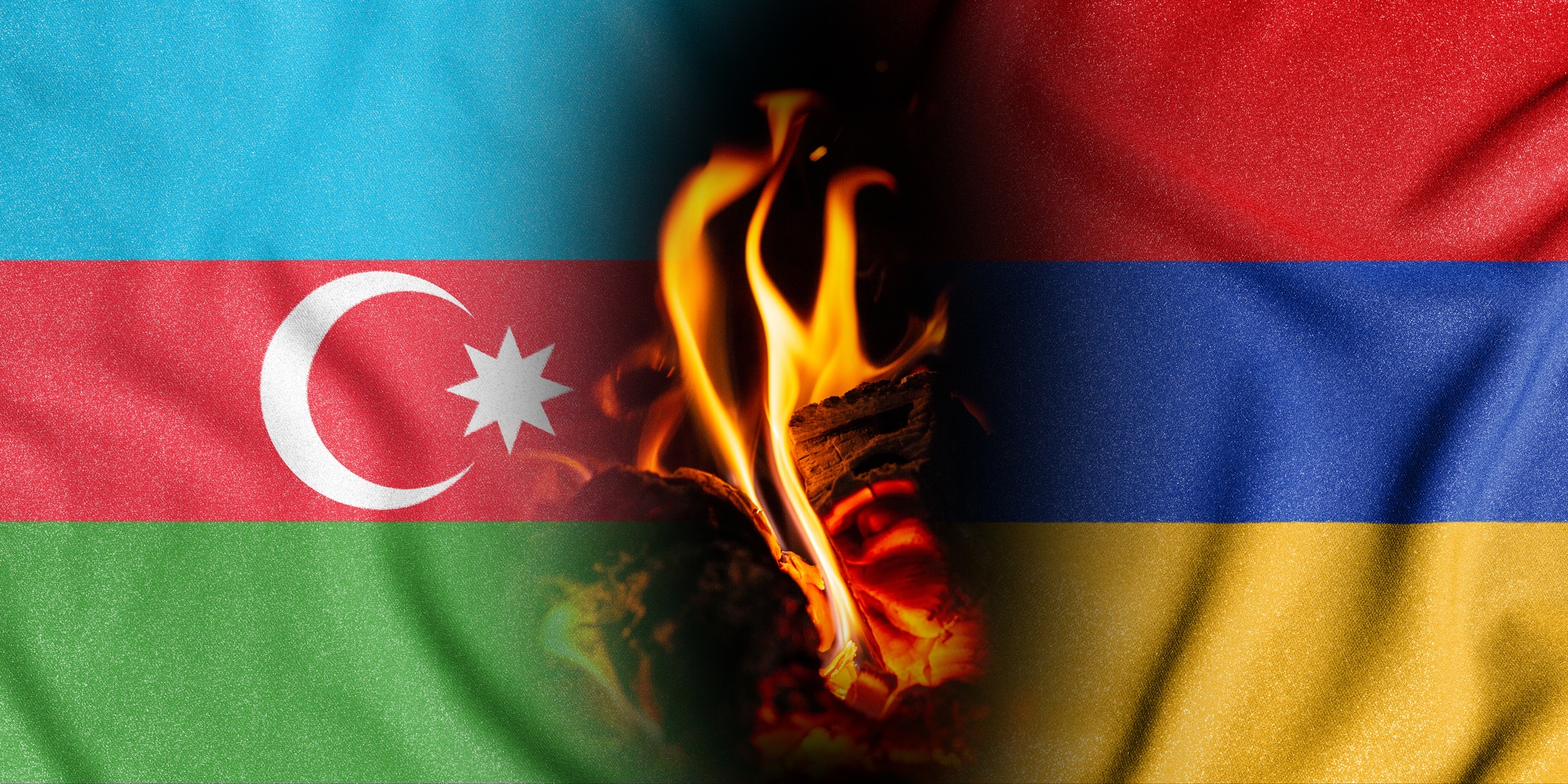 trade and military conflict between azerbaijan and armenia. two flags in a fiery flame with a cracked texture symbolize the forceful intervention and occupation of foreign territory.