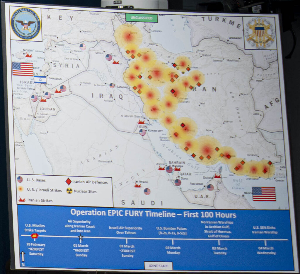 2026 map of operation epic fury timeline first 100 hours used during press briefing at the pentagon, arlington, virginia on 4 march (cropped)