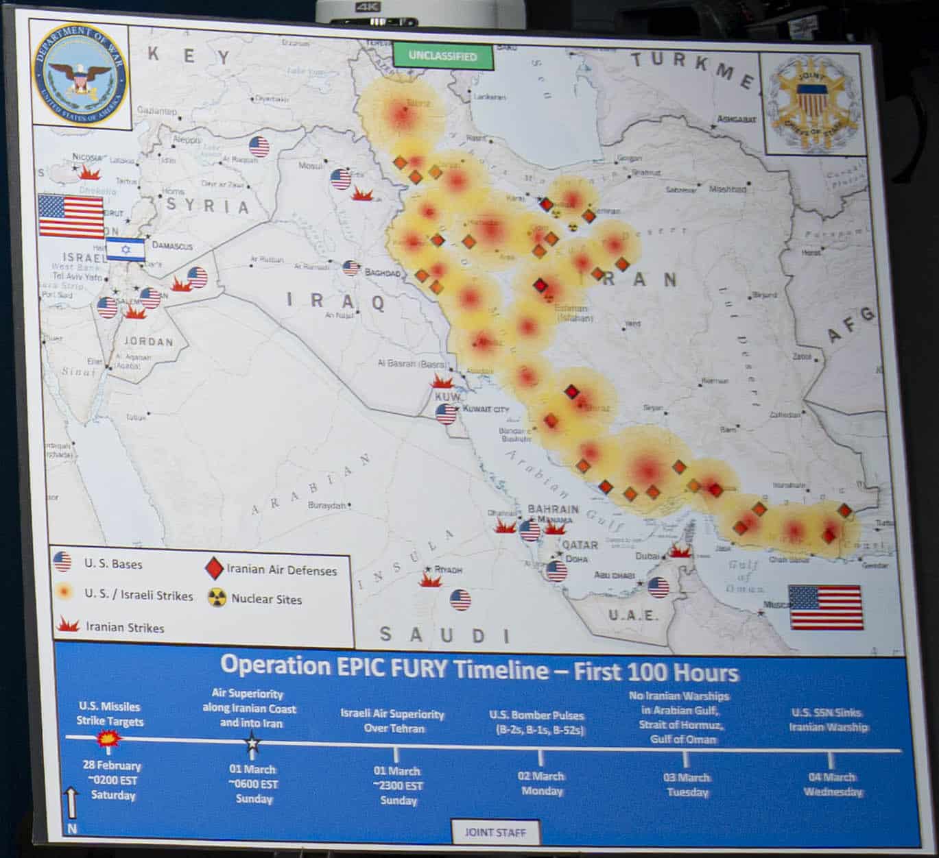 2026 map of operation epic fury timeline first 100 hours used during press briefing at the pentagon, arlington, virginia on 4 march (cropped)