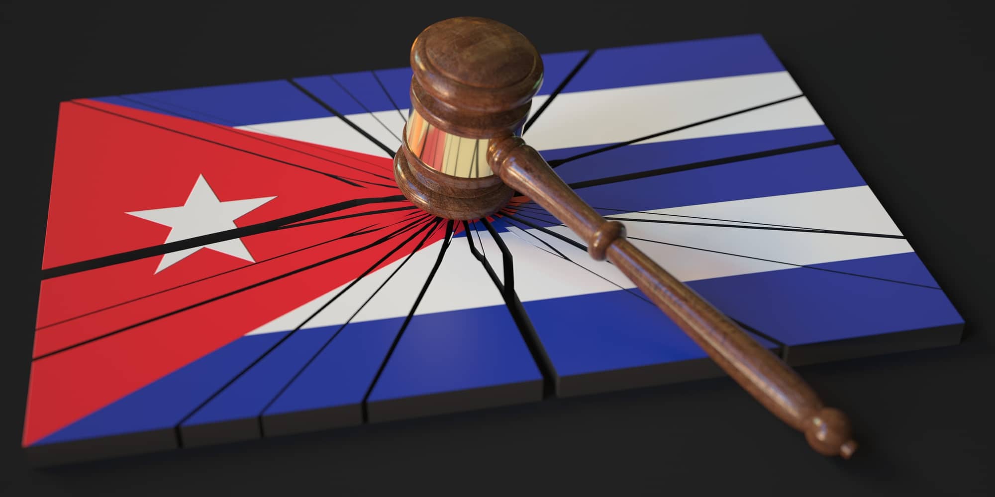 broken block with flag of cuba and judge's gavel. conceptual 3d rendering
