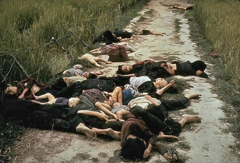 the my lai massacre, the mass murder of 347 to 504 unarmed citizens of the republic of vietnam (south vietnam), almost entirely civilians and the majority of them women and children, perpetrated by us army forces on march 16 1968. bodies of some of the vi