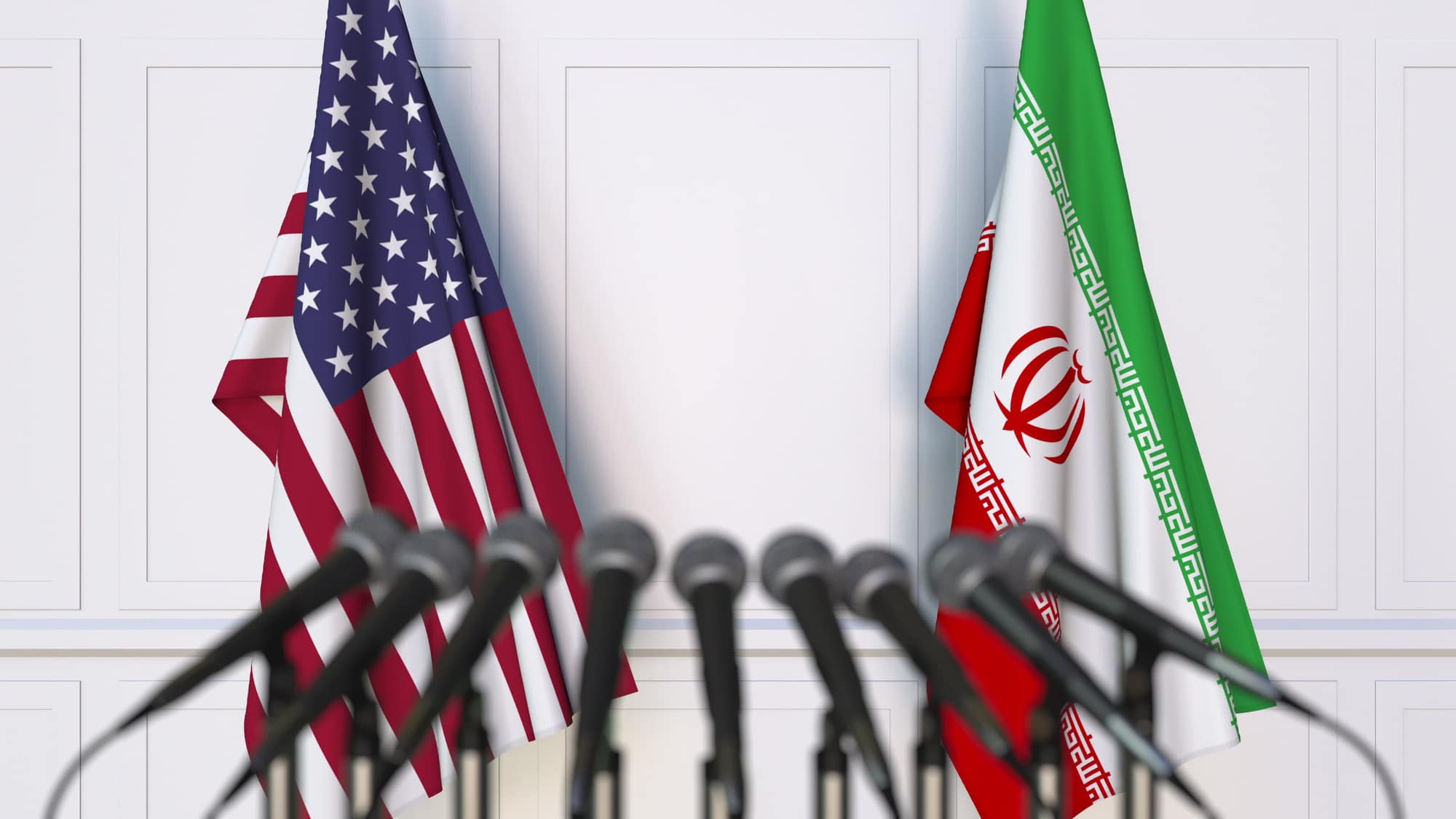 flags of the usa and iran at international meeting or conference. 3d rendering