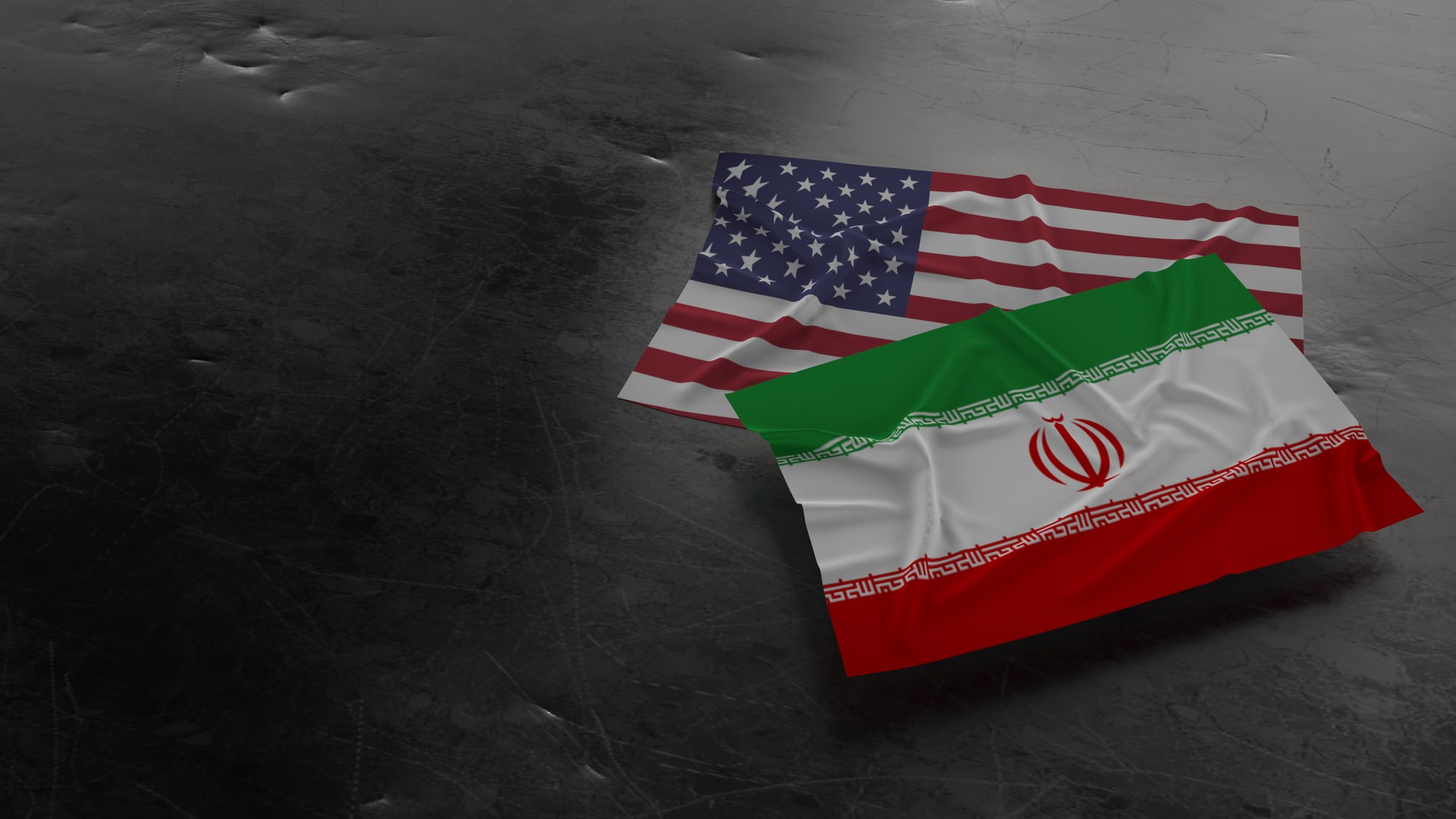 usa and iran flags on dirty metal plate 3d rendering for negotia