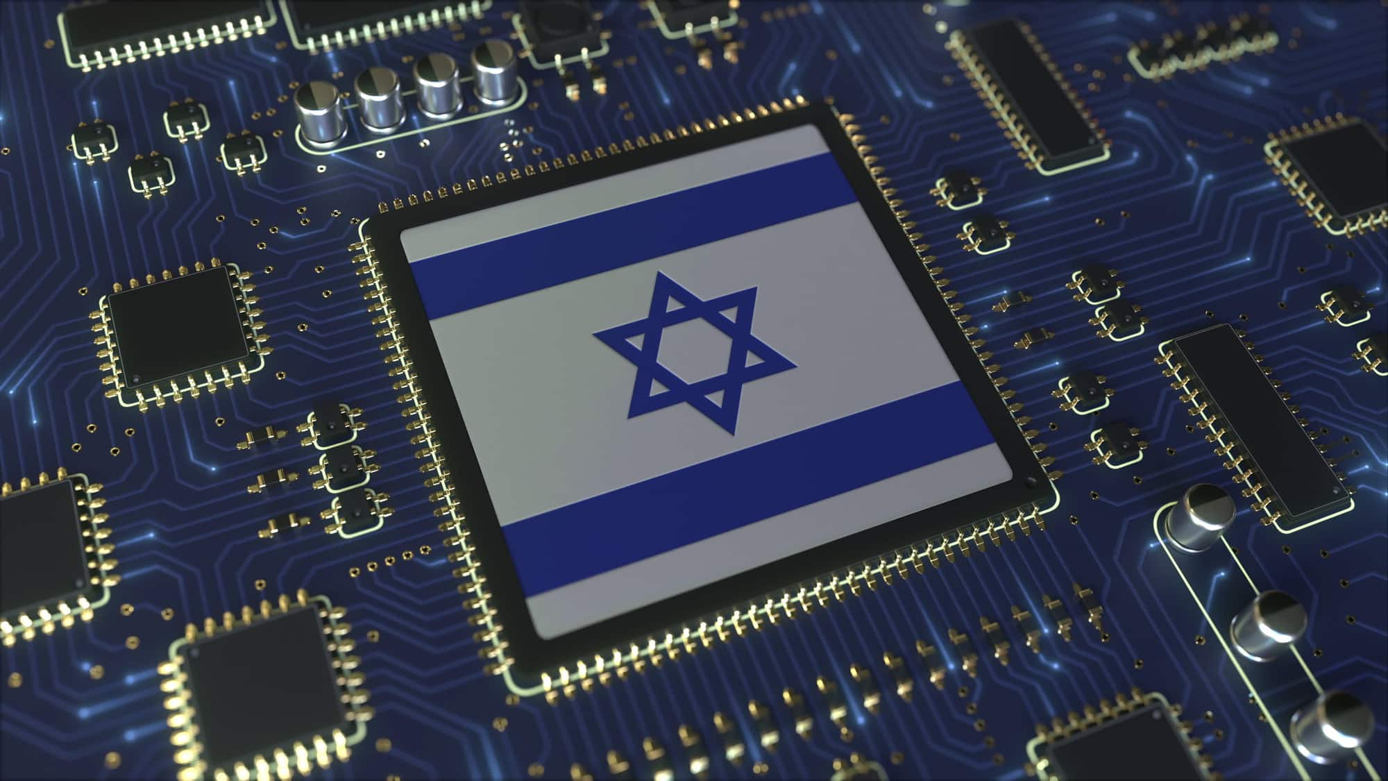 national flag of israel on the operating chipset. israeli information technology or hardware development related conceptual 3d rendering