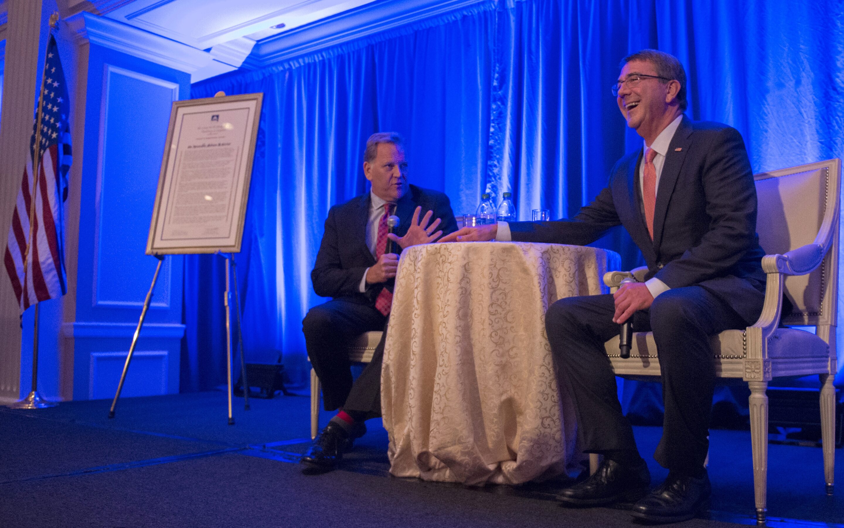 secretary of defense ash carter and former congressman mike rogers during the center for the study of the presidency and congress eisenhower award dinner