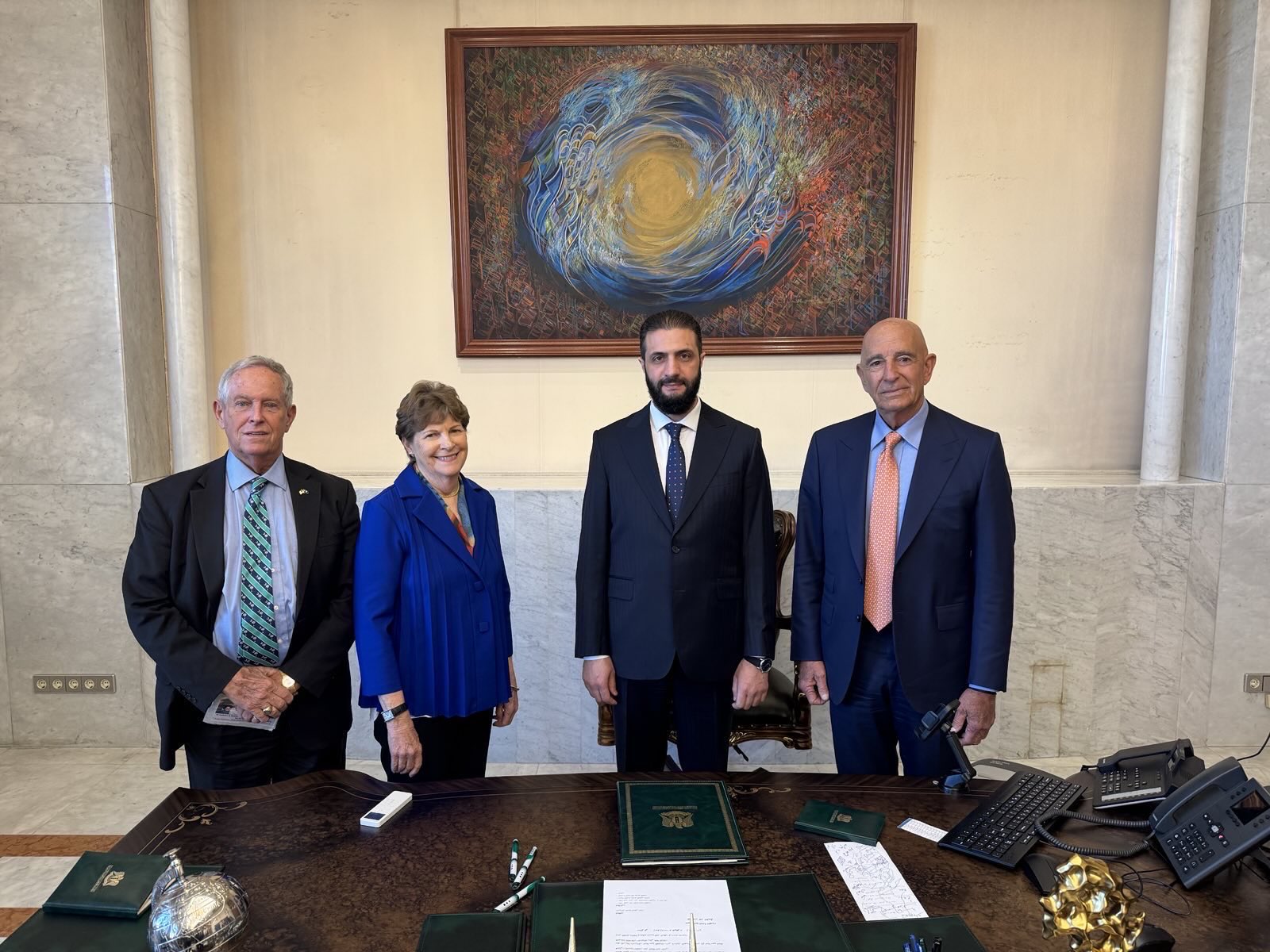 u.s. senator jeanne shaheen, u.s. congressman joe wilson, u.s. envoy to syria tom barrack, and syrian president ahmed al sharaa (2025) (1)