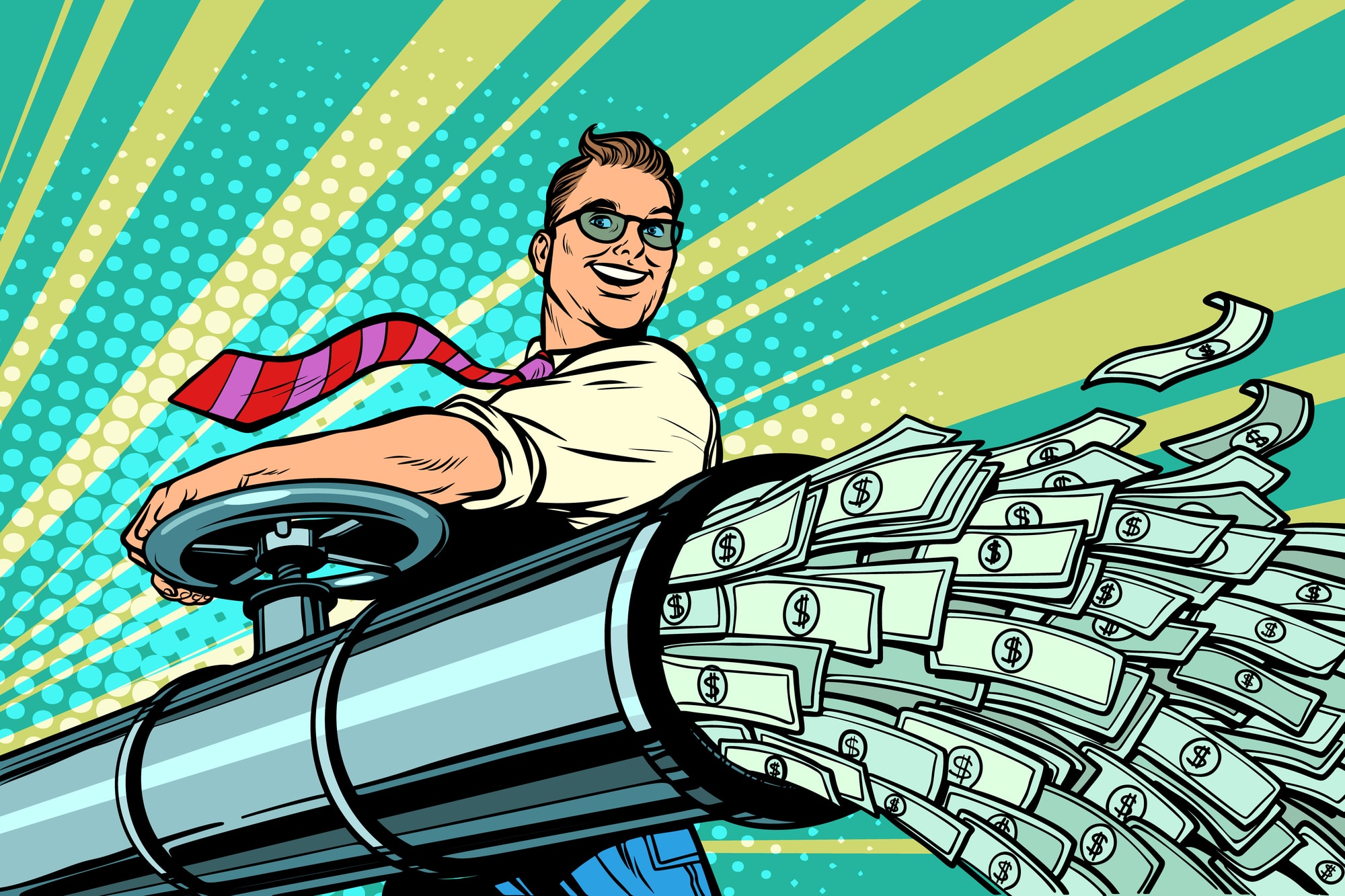 businessman opens pipe, money finance dollars flow businessman opens pipe, money finance dollars flow