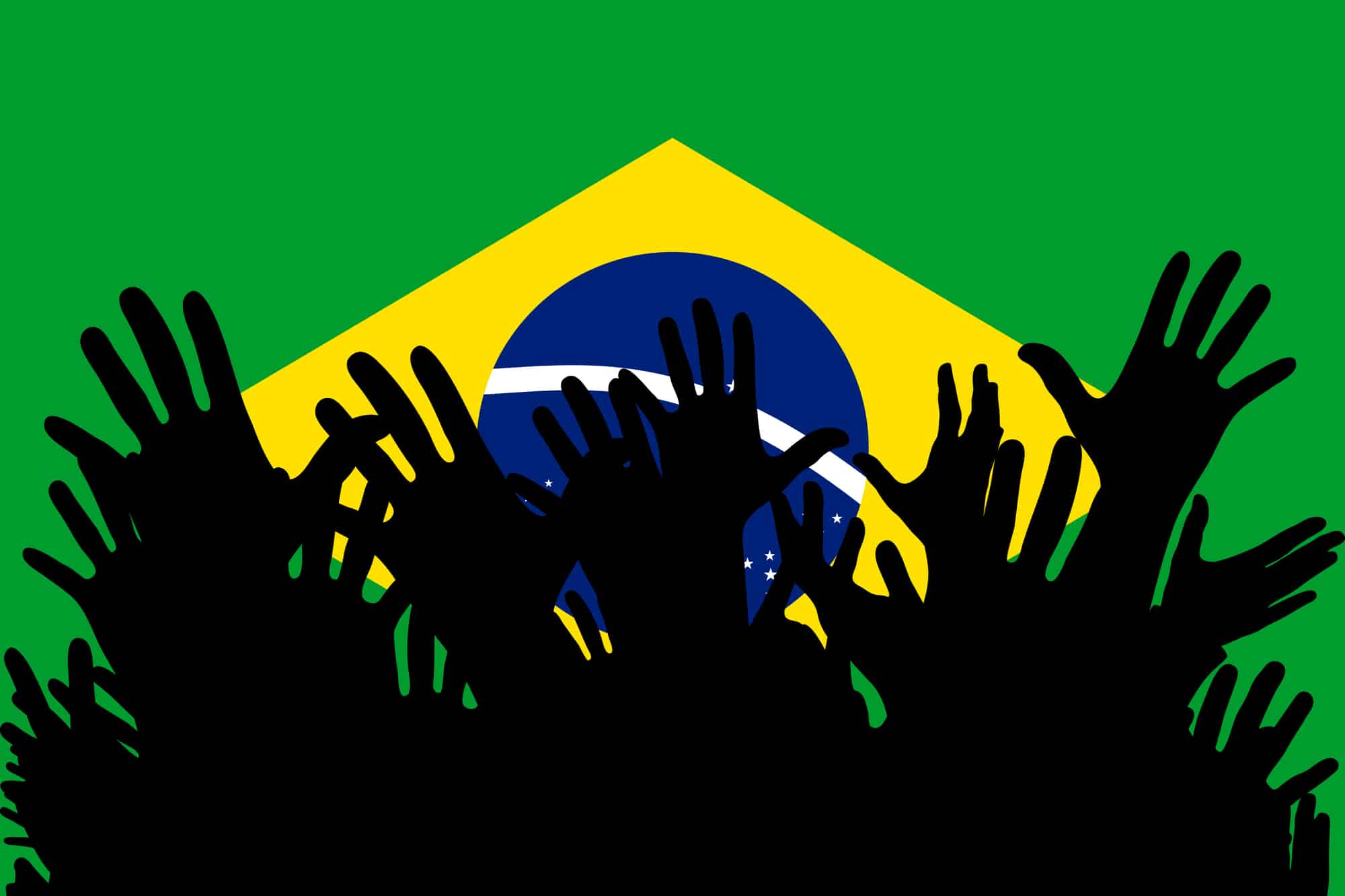 hands up silhouettes on a brazil flag. crowd of fans of soccer, hands up silhouettes on a brazil flag. crowd of fans of soccer,