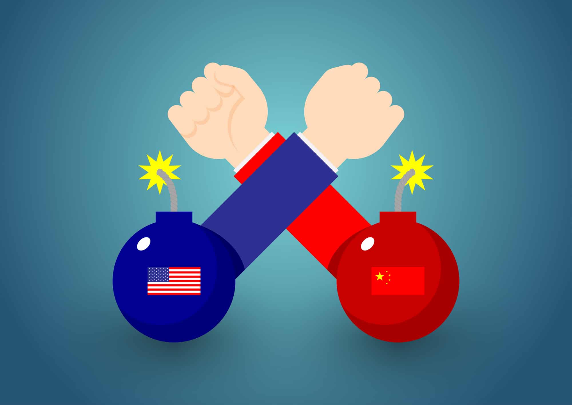 arm wrestling business hand with bomb of america and china flag, arm wrestling business hand with bomb of america and china flag,