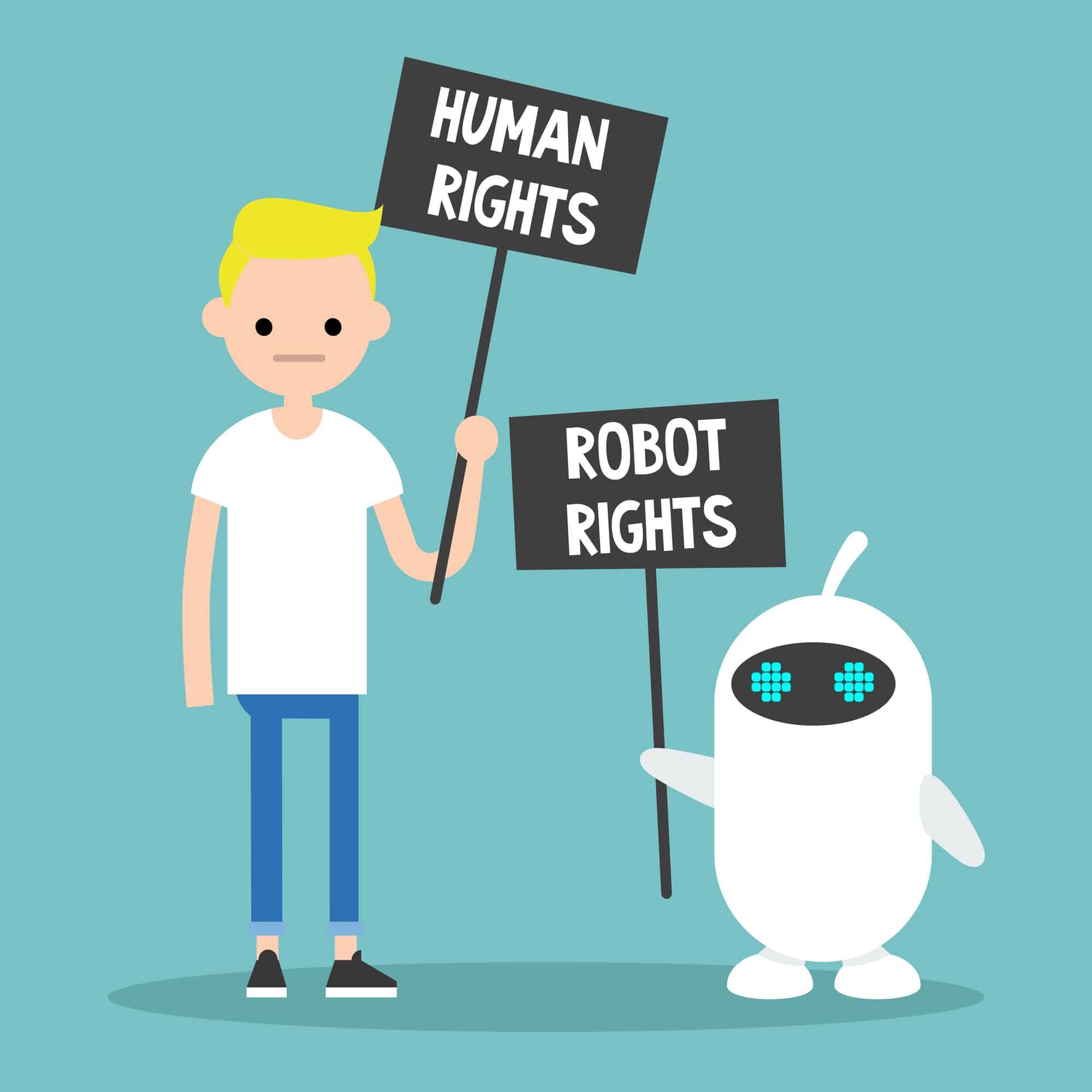 human rights vs robot rights / cartoon characters holding protes human rights vs robot rights / cartoon characters holding protes